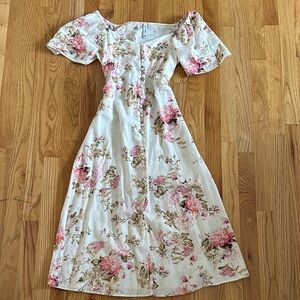 Mango Floral Flutter Sleeve Linen Blend Midi Dress